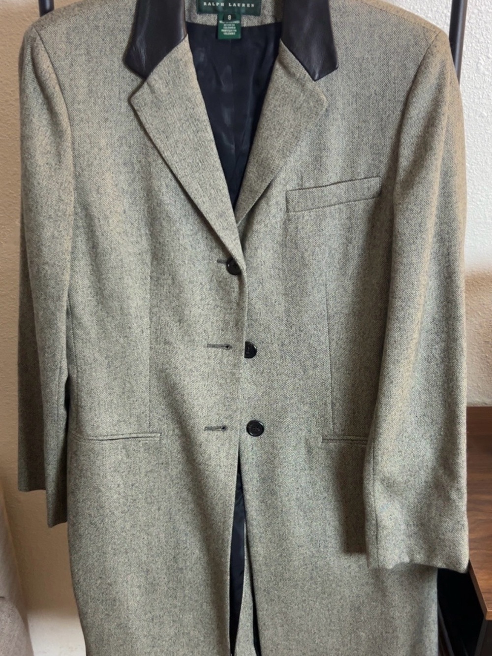 Ralph Lauren Men’s Tan-Olive Tweed Sport Coat with Dark Leather Collar
